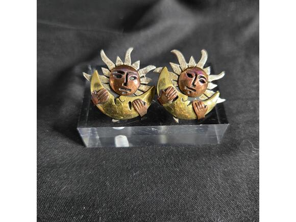 Jewelry - Vintage Taxco Sterling Silver Sun Moon Face Earrings Mixed Metal 925 Copper